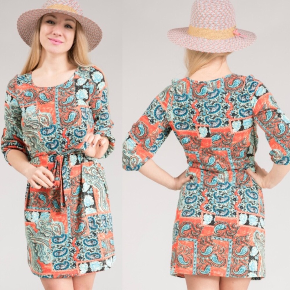 Bohemian print NWT 3/4 sleeve tie dress